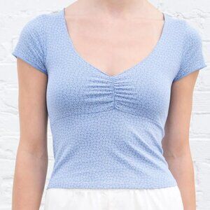 Floral Blue White Open Short Sleeve Crop Top | Brandy Melville | One Size